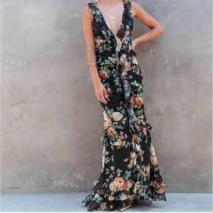 VICI Floral Ruffle Roses Cut Out V Neckline Maxi Dress S